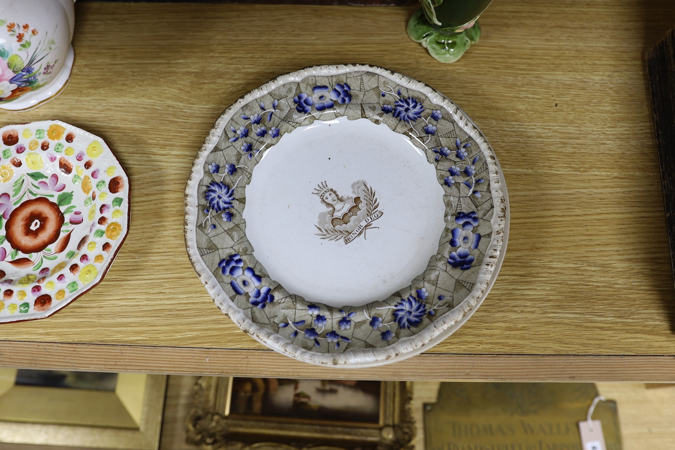 An early Victorian bone china jug, 19.5cm tall, related oil on canvas, three plates and continental vase